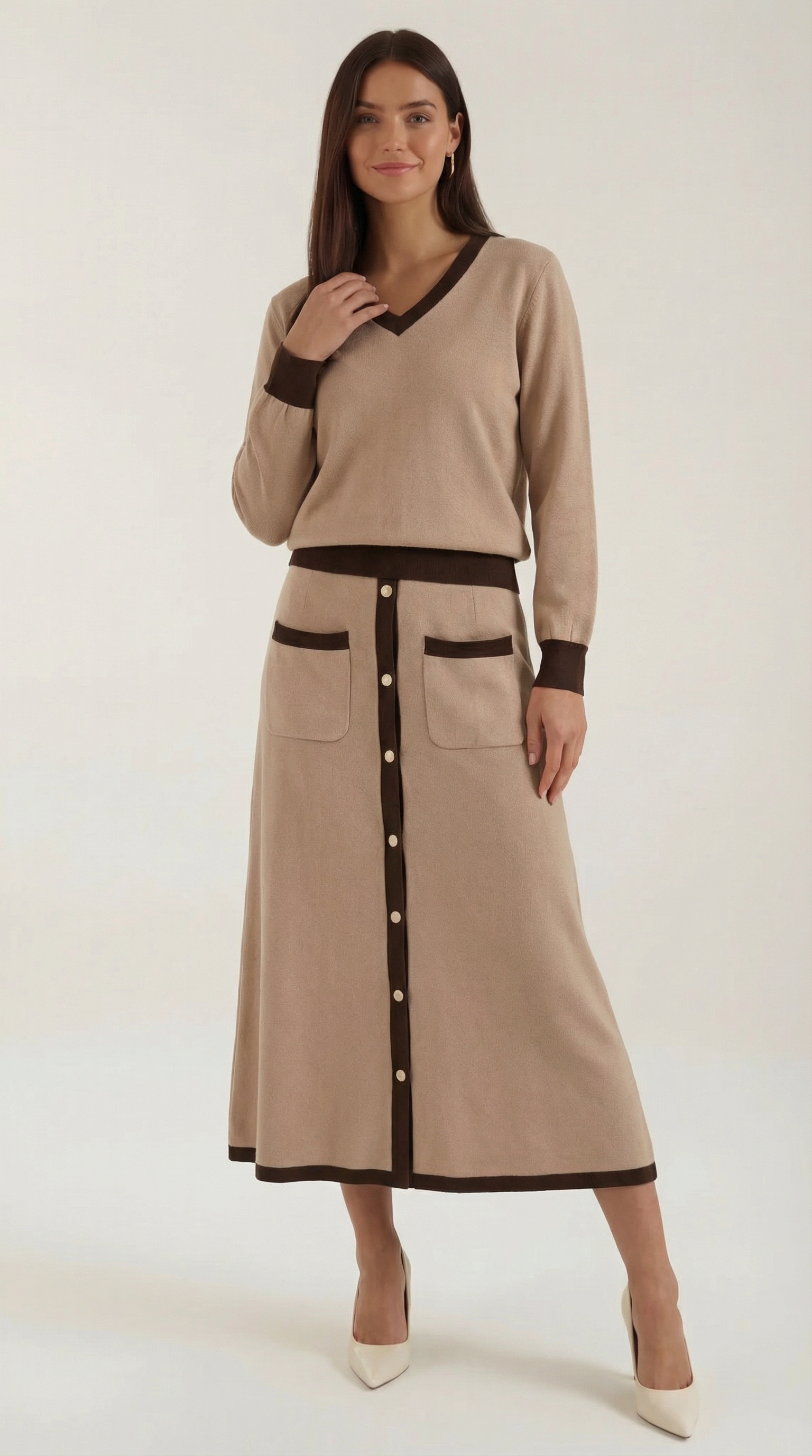 Cheryl V-Neck Sweater and Midi Skirt Set