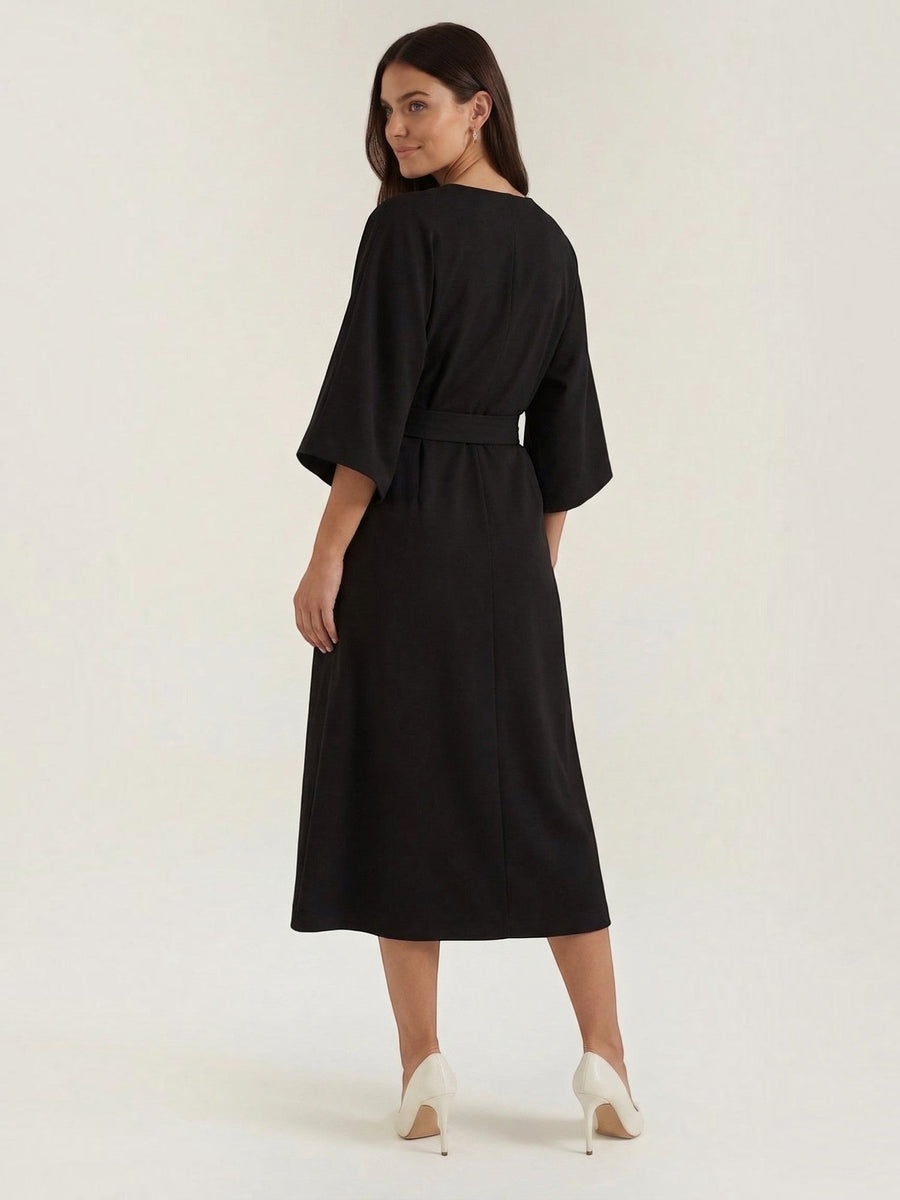 Ana Balloon Sleeve Wrap Midi Dress with Belt