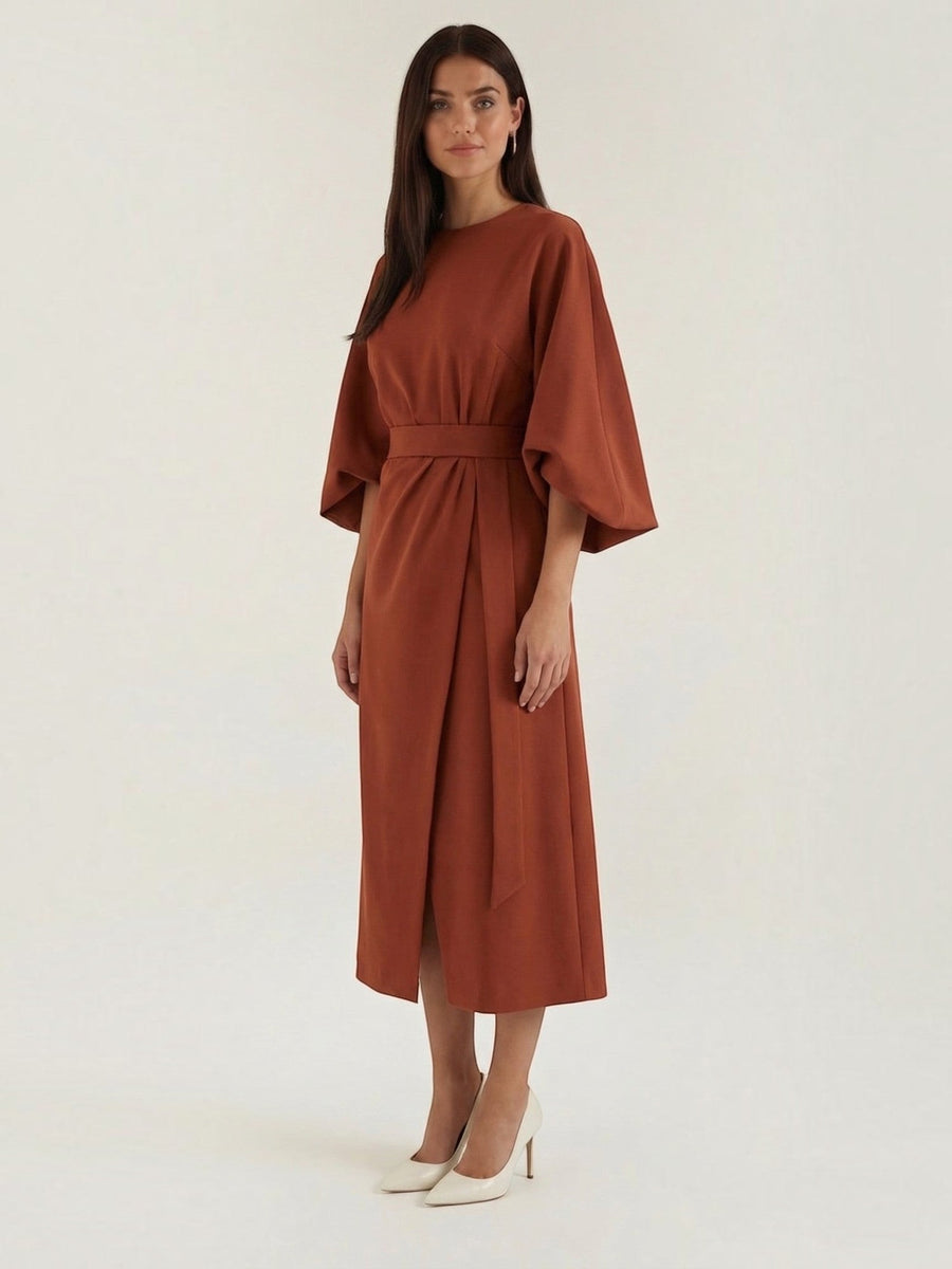 Ana Balloon Sleeve Wrap Midi Dress with Belt