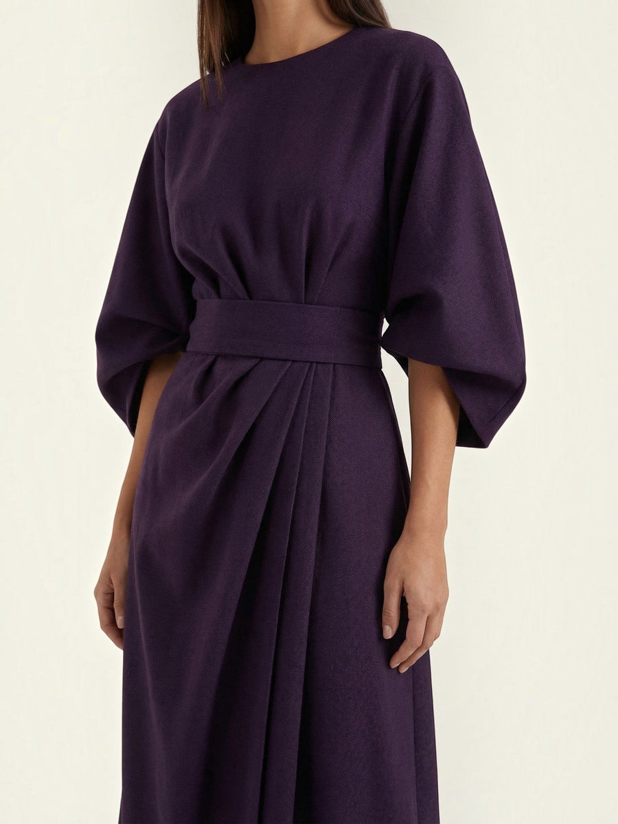 Ana Balloon Sleeve Wrap Midi Dress with Belt