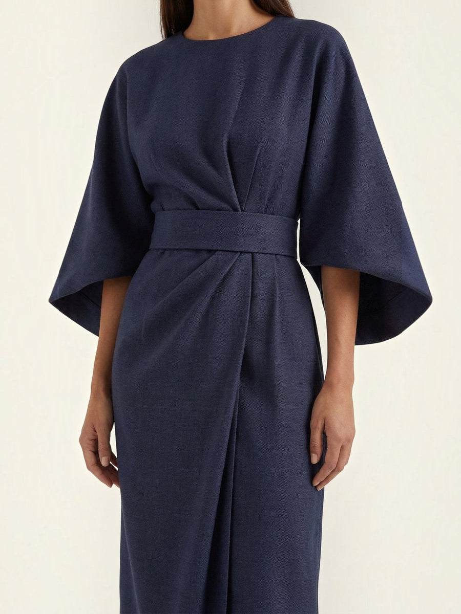 Ana Balloon Sleeve Wrap Midi Dress with Belt