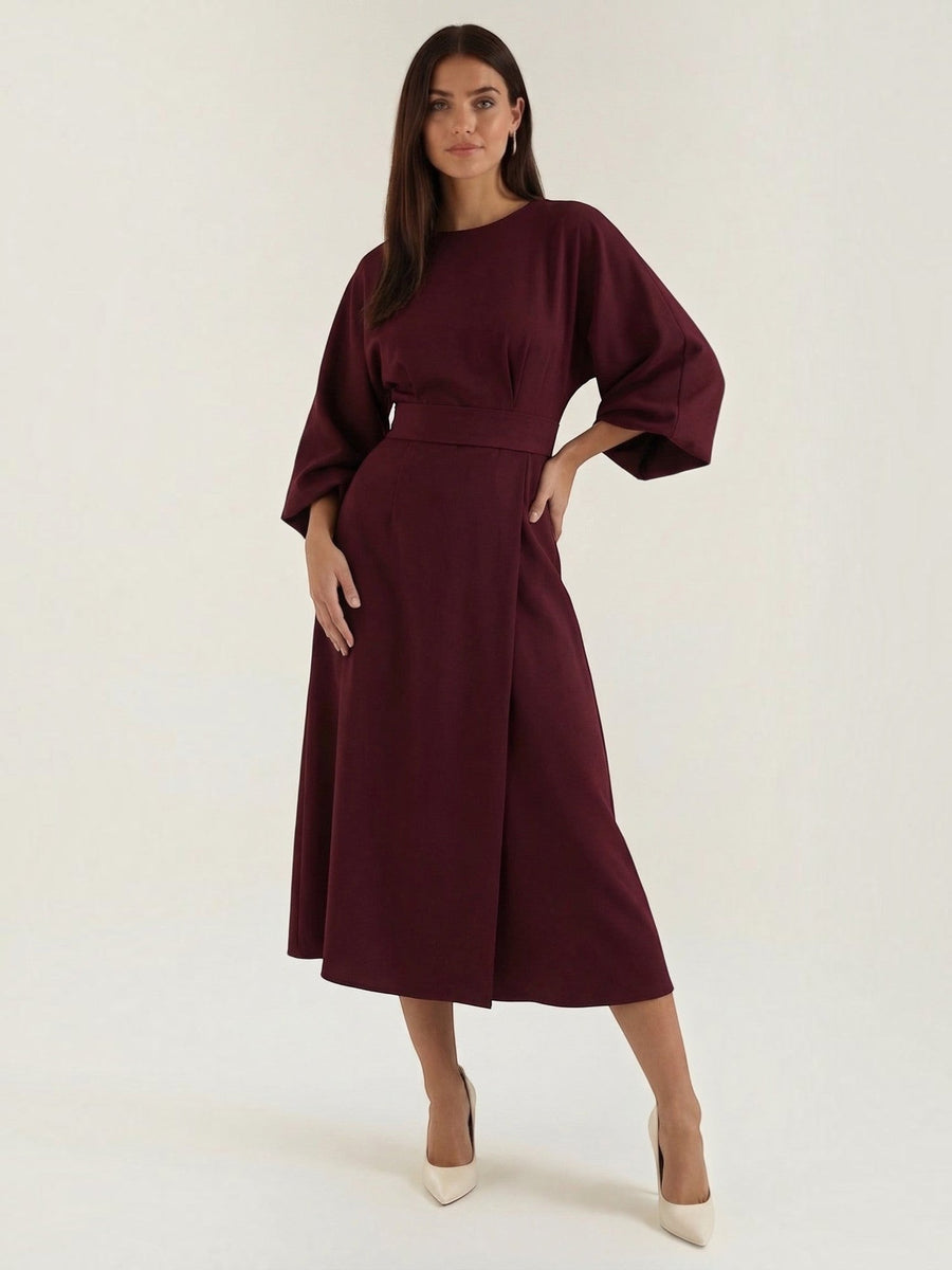 Ana Balloon Sleeve Wrap Midi Dress with Belt