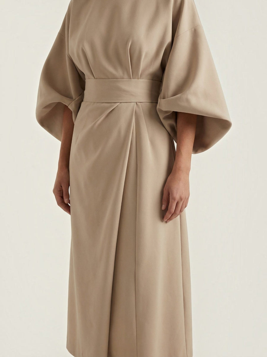 Ana Balloon Sleeve Wrap Midi Dress with Belt
