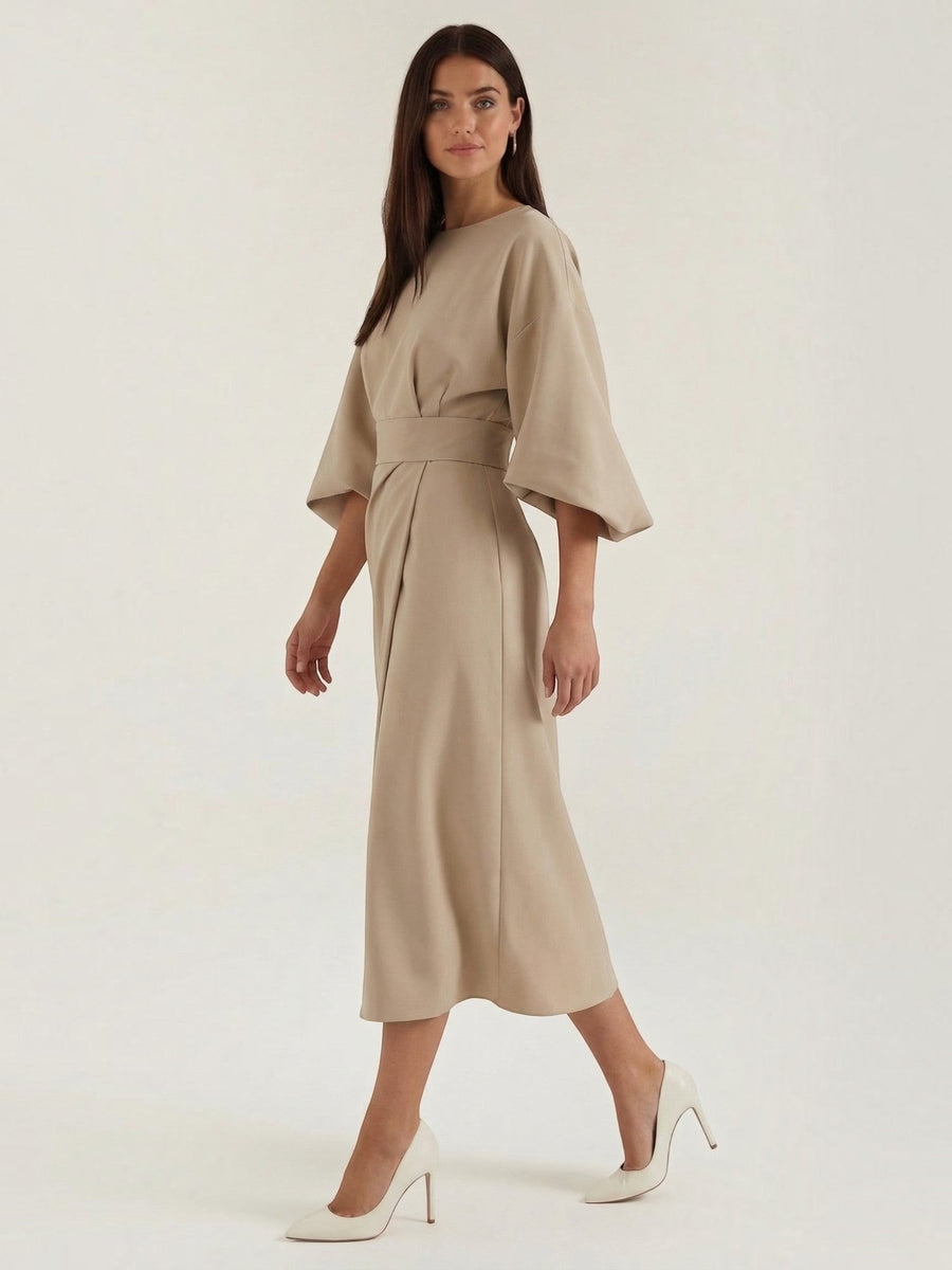 Ana Balloon Sleeve Wrap Midi Dress with Belt