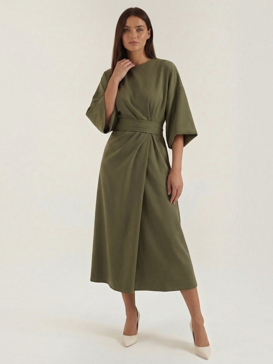 Ana Balloon Sleeve Wrap Midi Dress with Belt