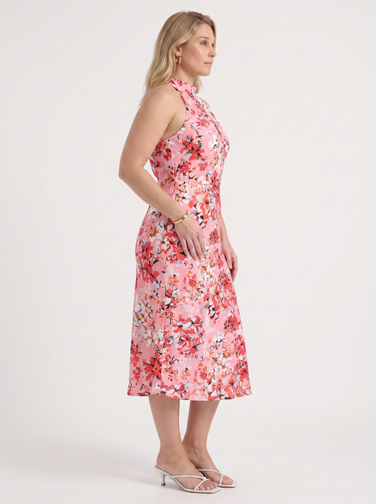 Brit Floral Stand Collar Sleeveless Midi Dress