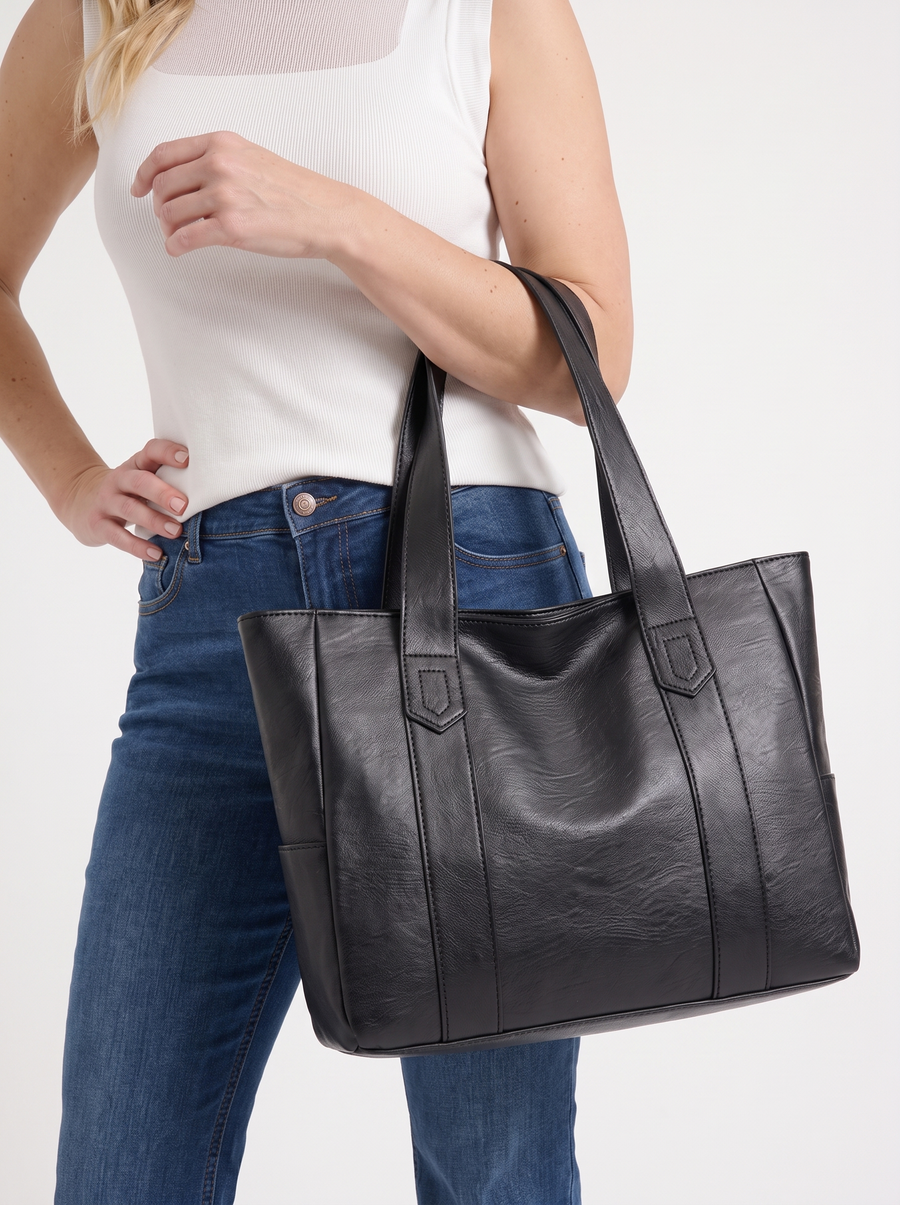 Nina Black Leather Shoulder Tote