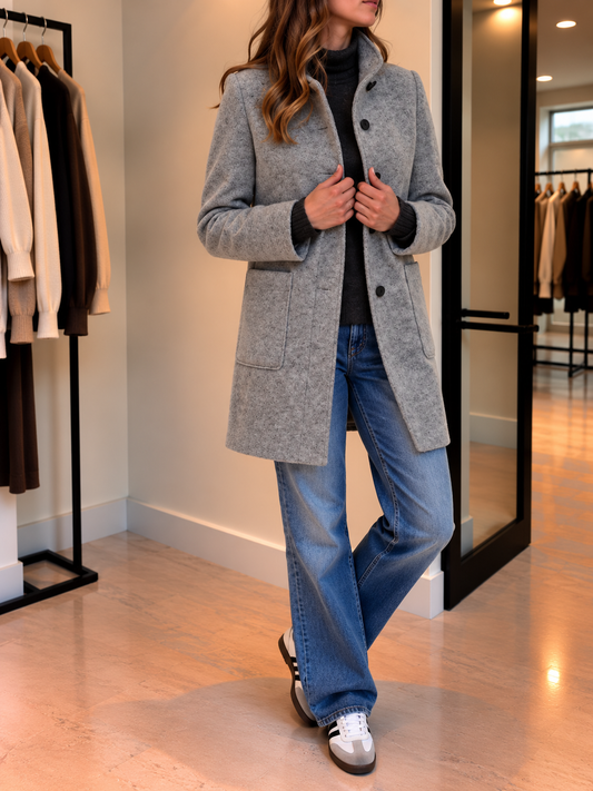 Silvia Mid Length Stand Collar Wool Blend Coat