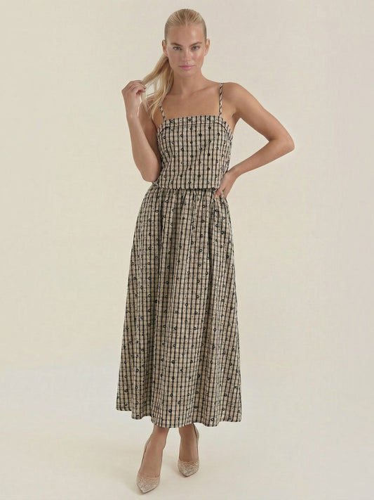 Ronda Gingham Strappy Flared Midi Dress