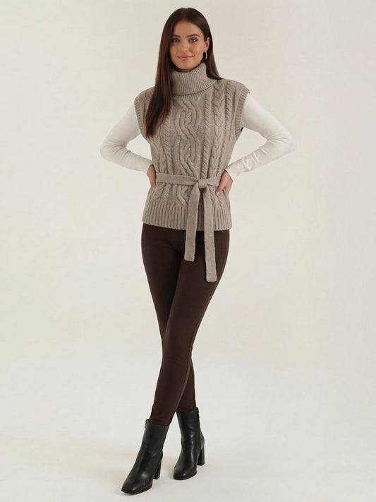 Wendy Cable Knit Turtleneck Belted Vest