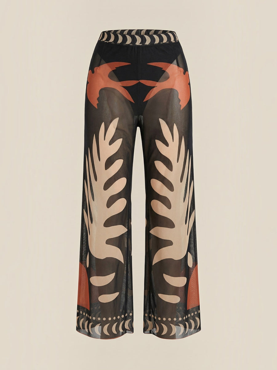 Beth Tropical Print Mesh Wide Leg Pants