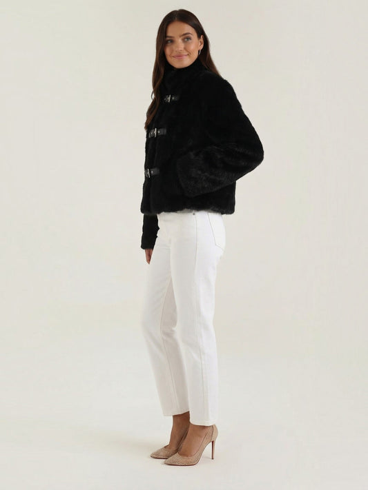 Quilla Buckle Front Cropped Faux Fur Jacket