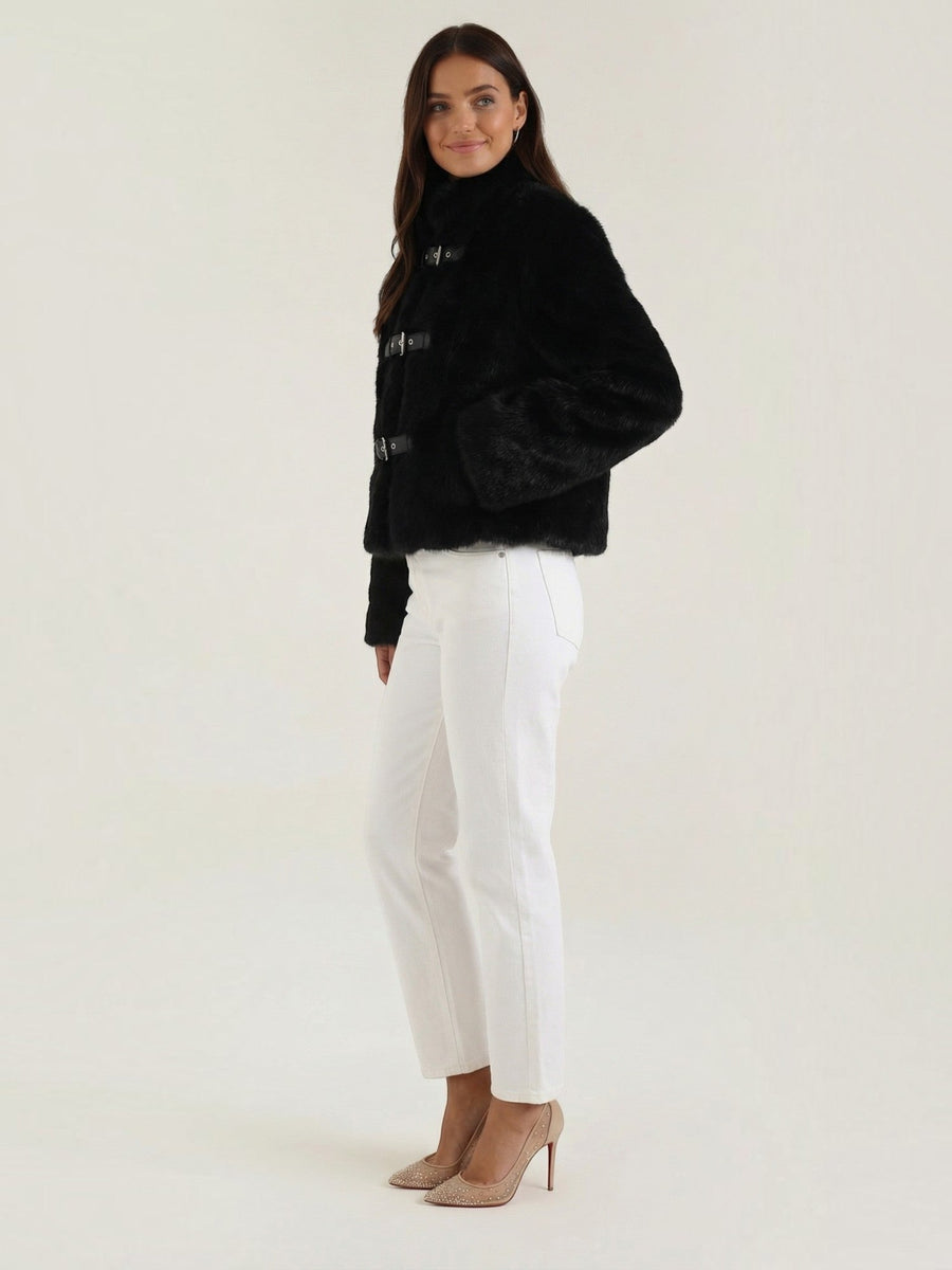 Quilla Buckle Front Cropped Faux Fur Jacket