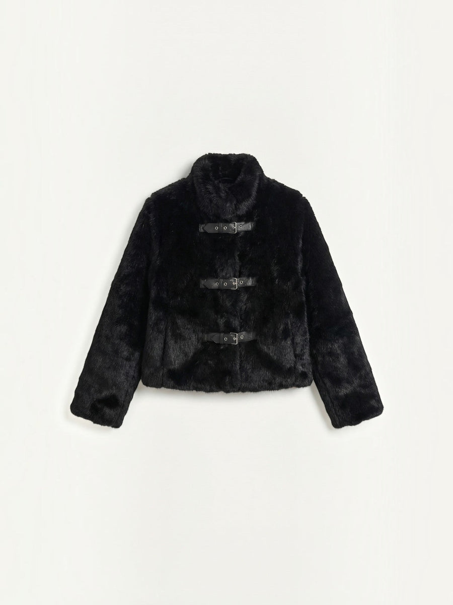 Quilla Buckle Front Cropped Faux Fur Jacket
