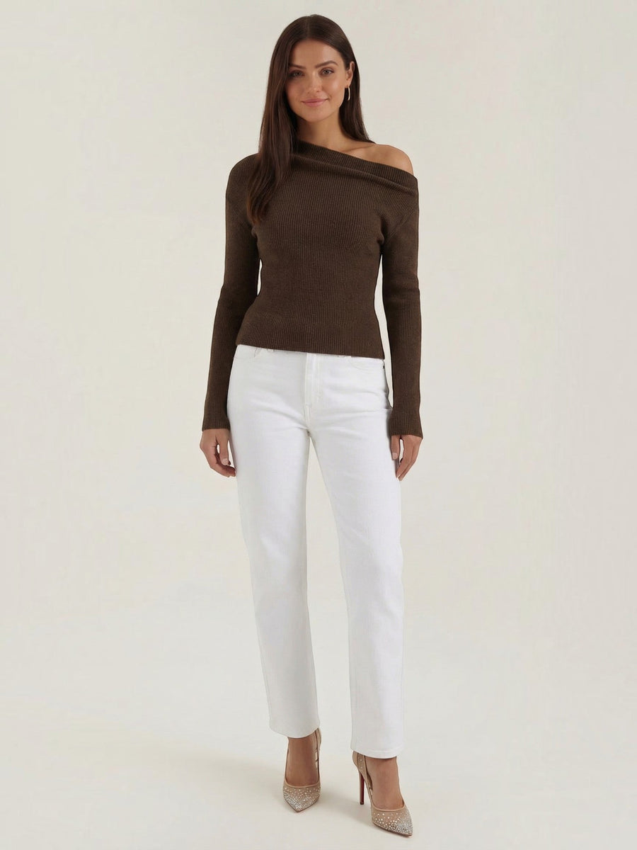 Shirley Asymmetric Collar Ribbed Top
