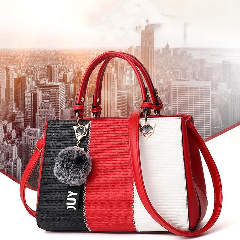 Sibylle Color Block Top Handle Bag with Pom Pom Charm