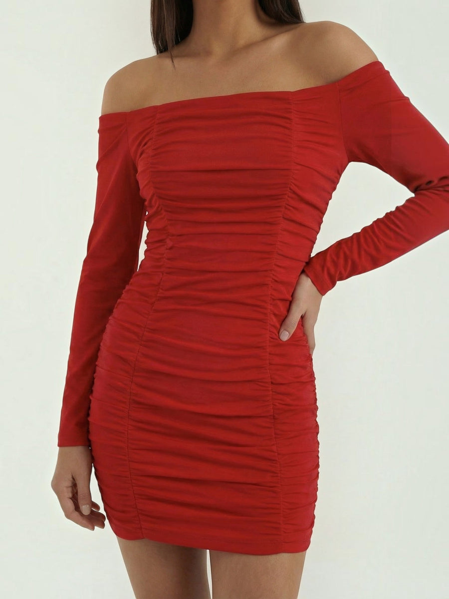 Yvette Off Shoulder Long Sleeve Ruched Mini Dress