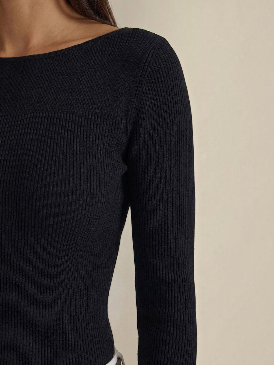 Ruth Boat Neck Ribbed Long Sleeve Top