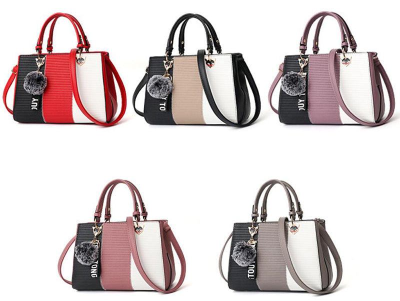 Sibylle Color Block Top Handle Bag with Pom Pom Charm