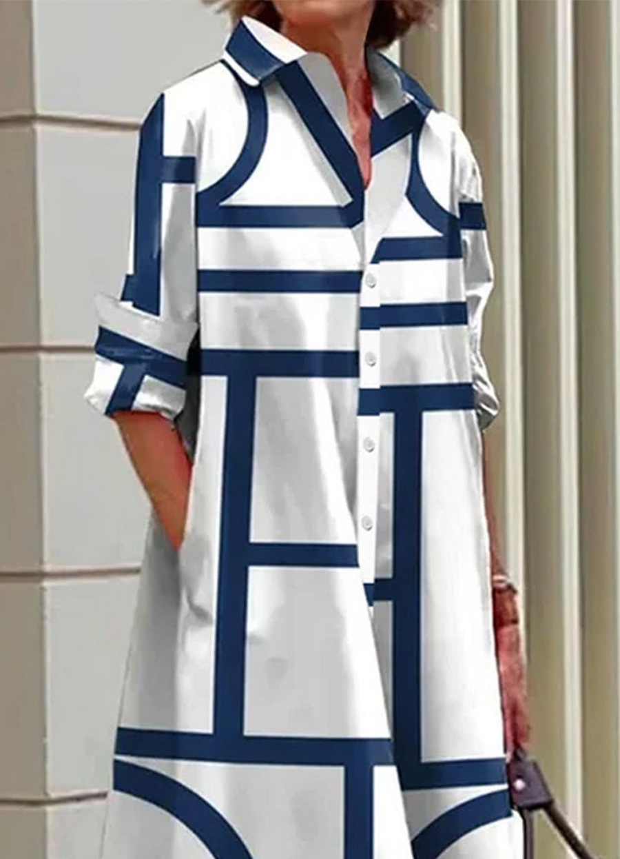 Margaux Geometric Print Midi Shirt Dress with Pockets