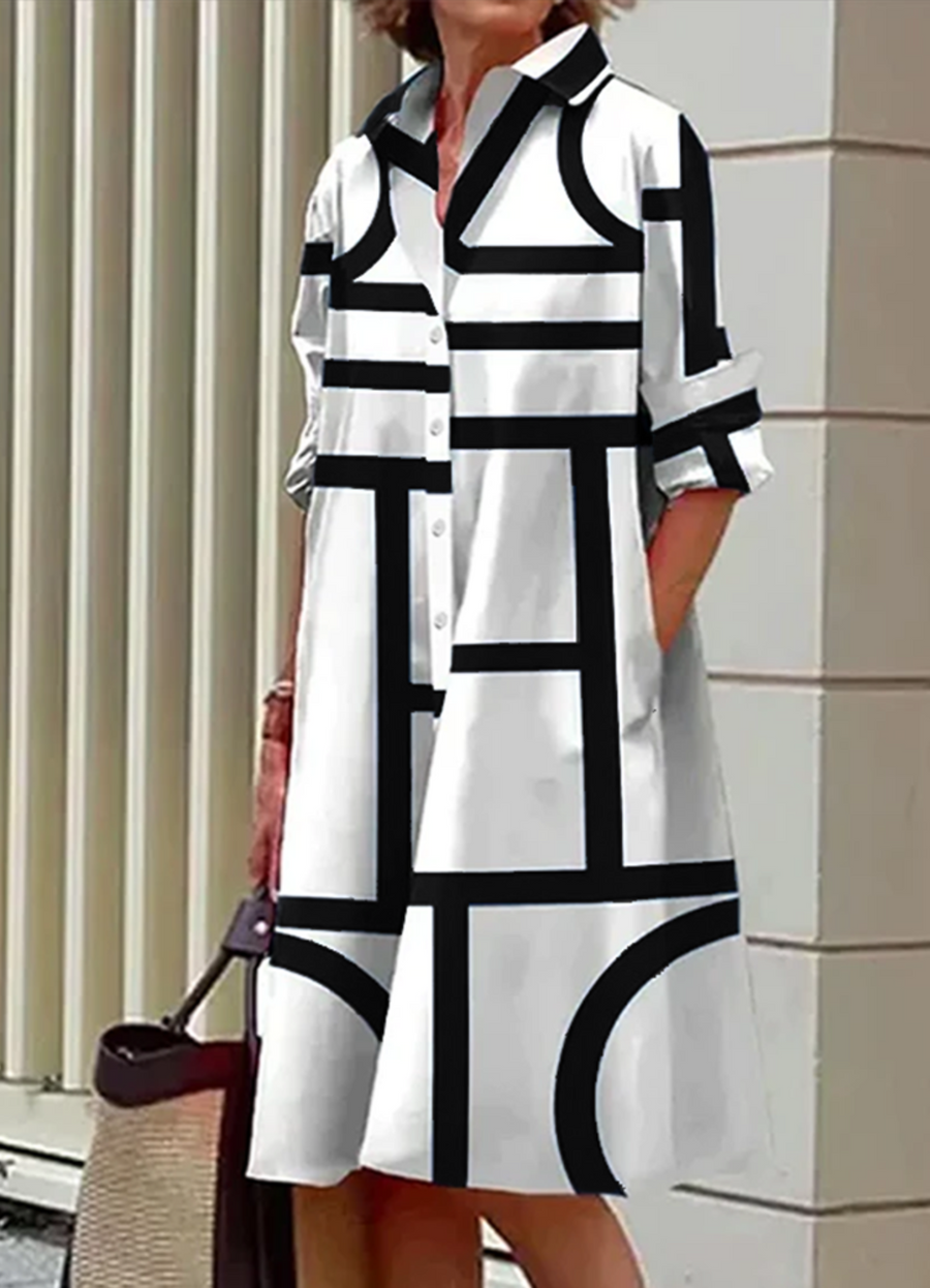 Margaux Geometric Print Midi Shirt Dress with Pockets