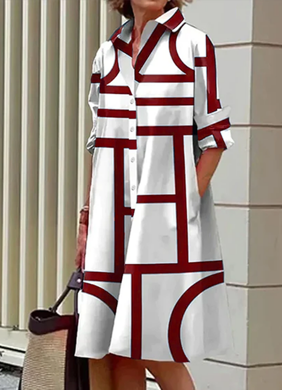 Margaux Geometric Print Midi Shirt Dress with Pockets