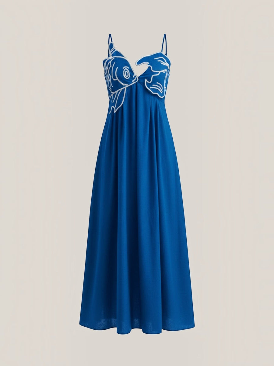 Deborah Embroidered Fish Print Maxi Sundress