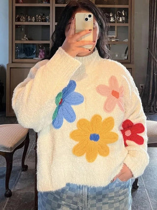 Solange - Knitted turtleneck jumper - Colourful floral design