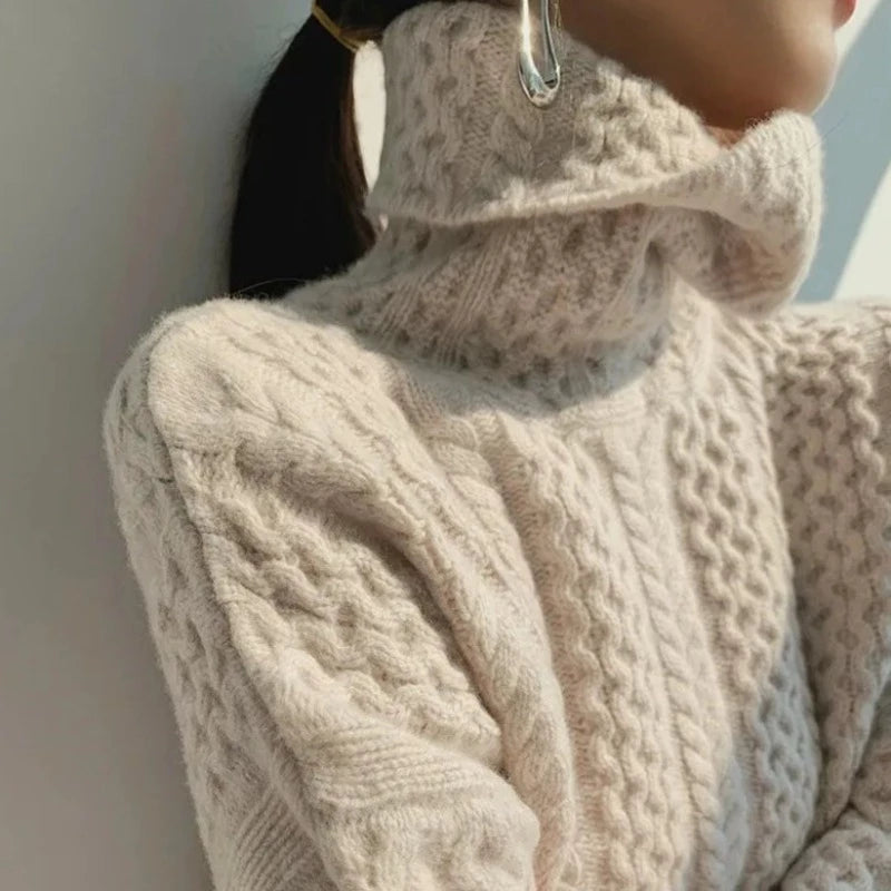 Blanche Cable Knit Plaid Turtleneck Sweater