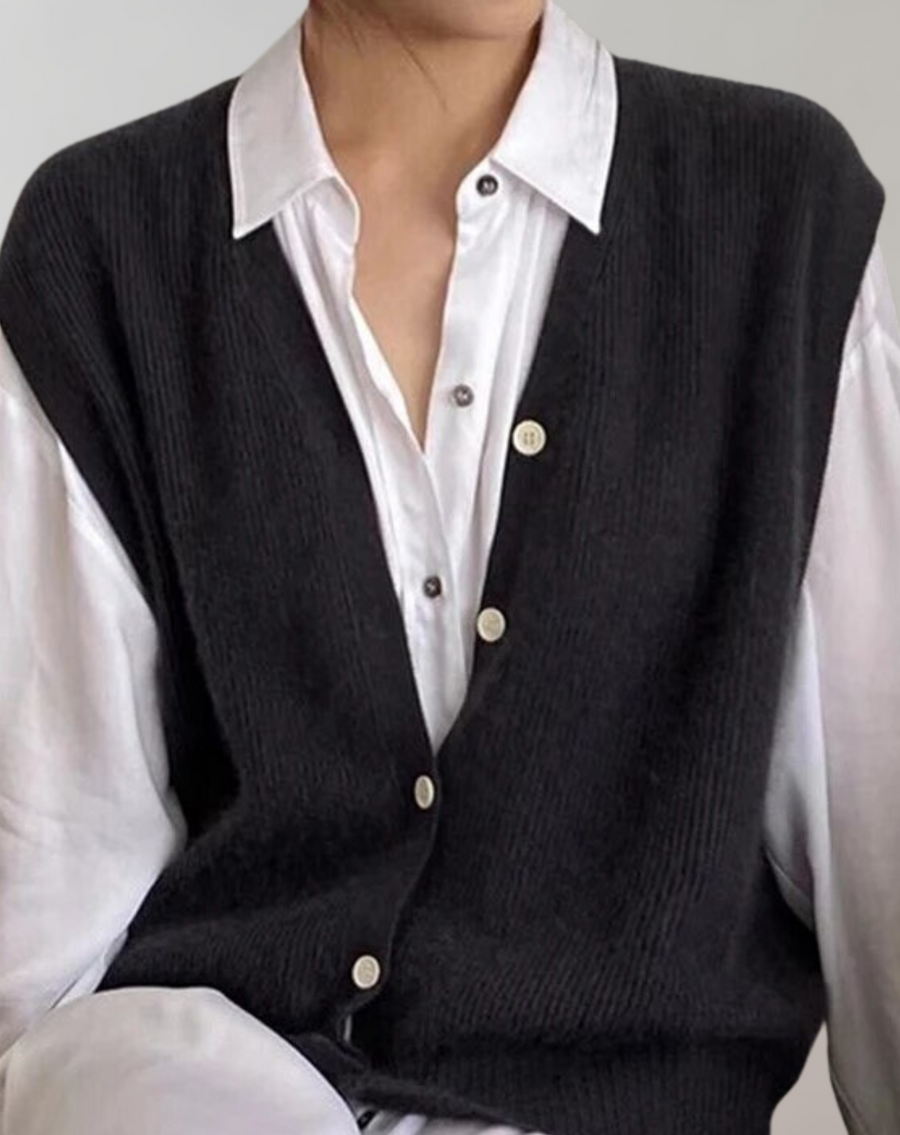 Solveig Ribbed V Neck Button Sweater Vest
