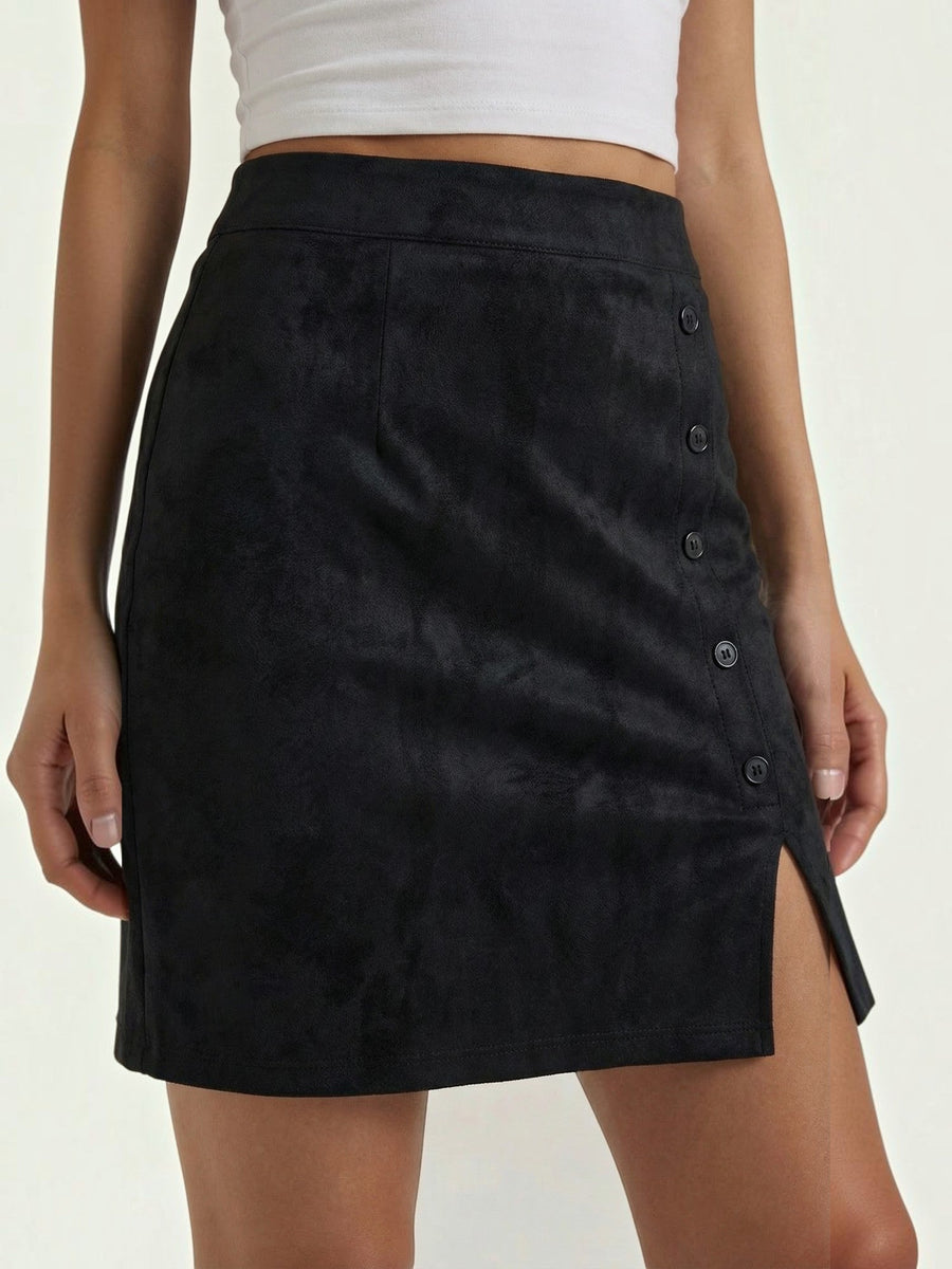 Hope Button Front Suede Mini Skirt