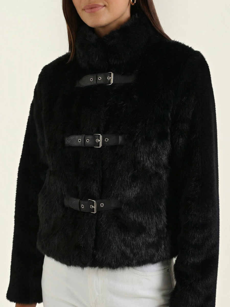 Quilla Buckle Front Cropped Faux Fur Jacket