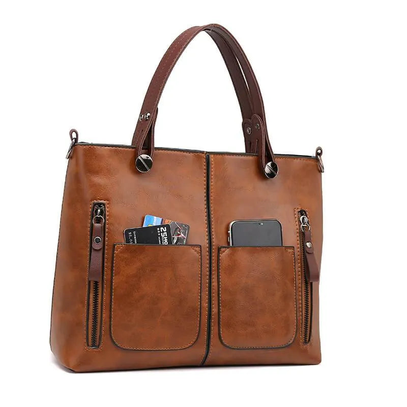 Thilde Leather Satchel with Front Zip Pockets