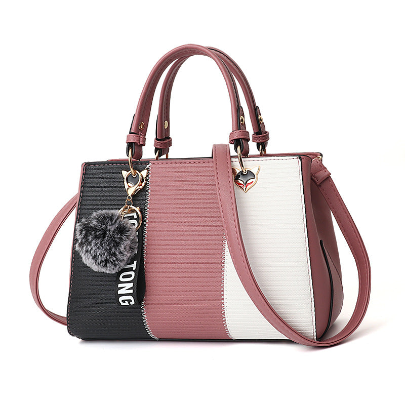 Sibylle Color Block Top Handle Bag with Pom Pom Charm