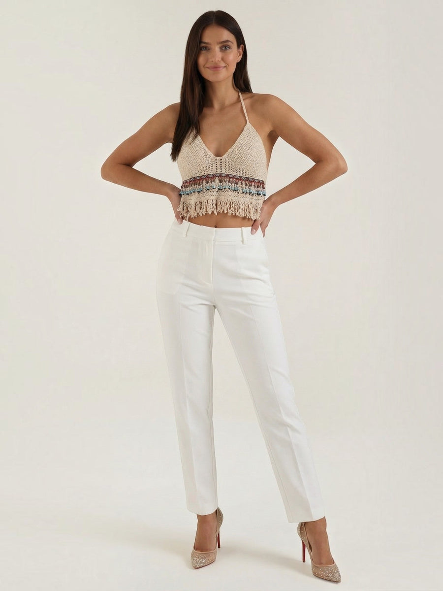 Celeste Striped Crochet Fringe Halter Top