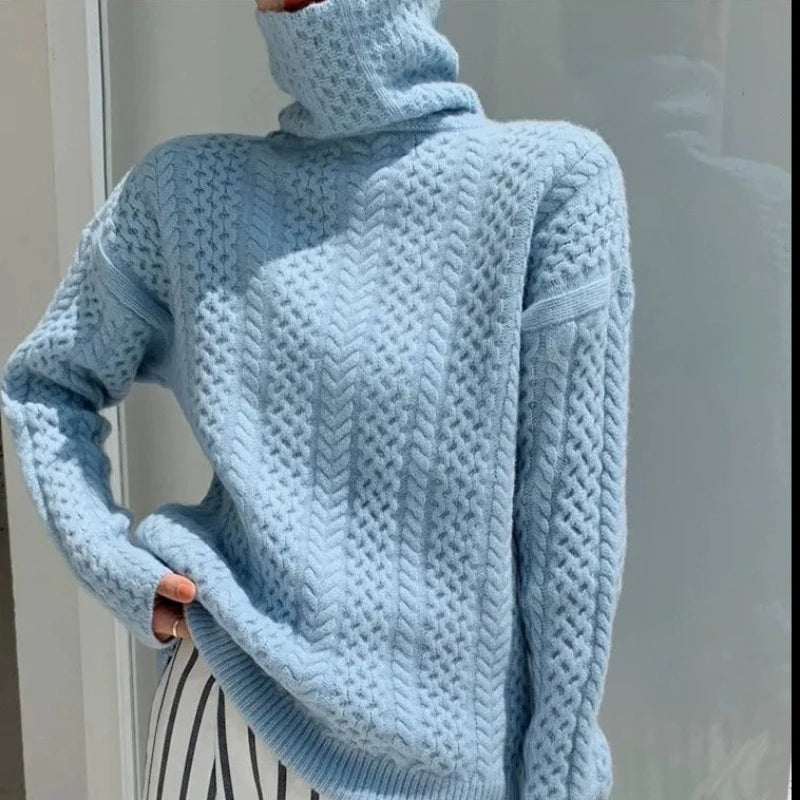 Blanche Cable Knit Plaid Turtleneck Sweater