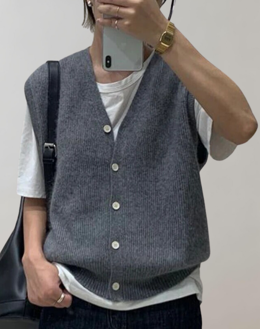 Solveig Ribbed V Neck Button Sweater Vest