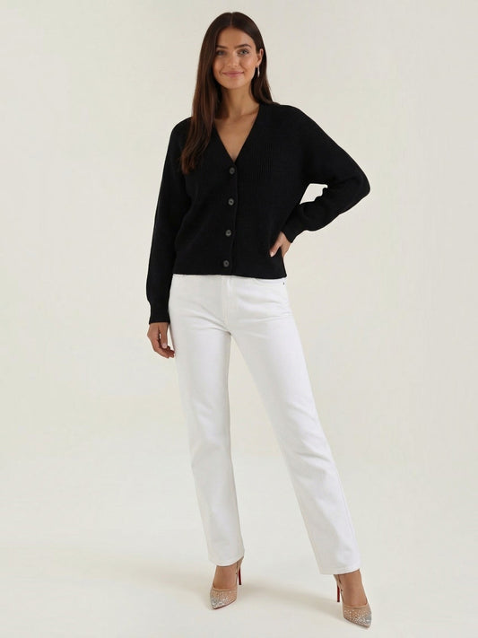 Jessica Ribbed V Neck Button Cardigan