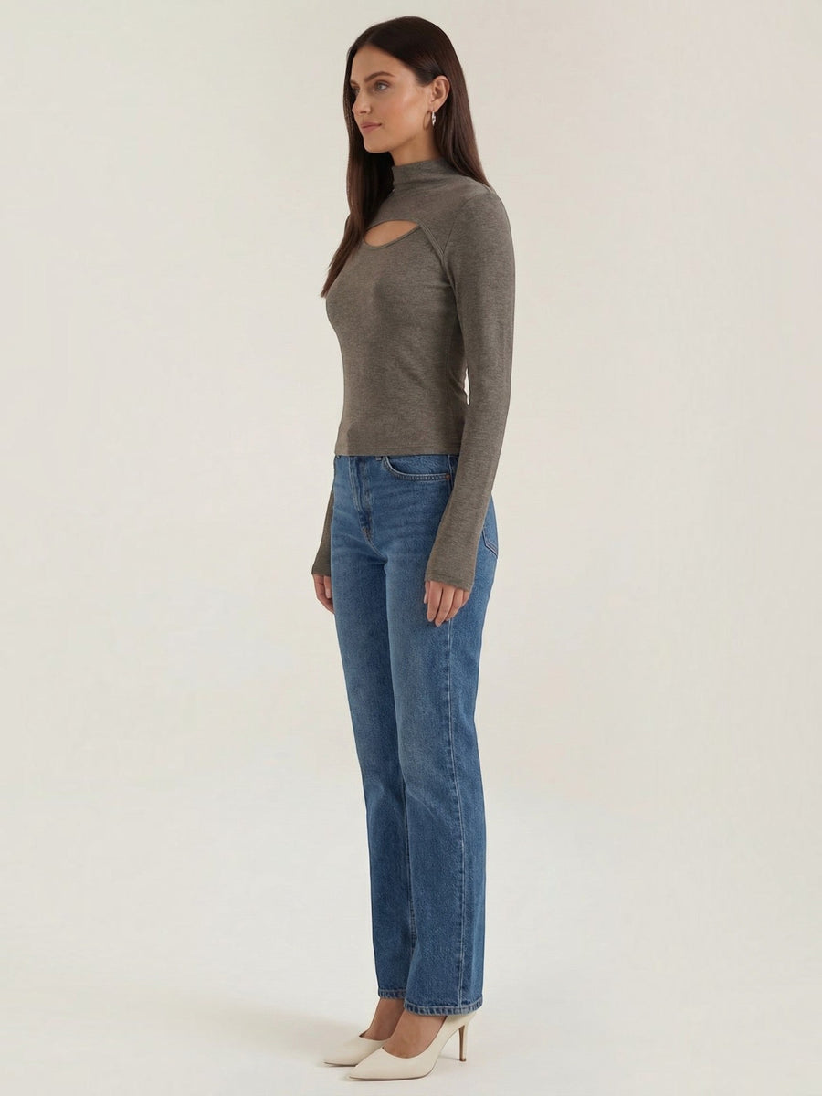 Barbara Cut Out Stand Collar Long Sleeve Top