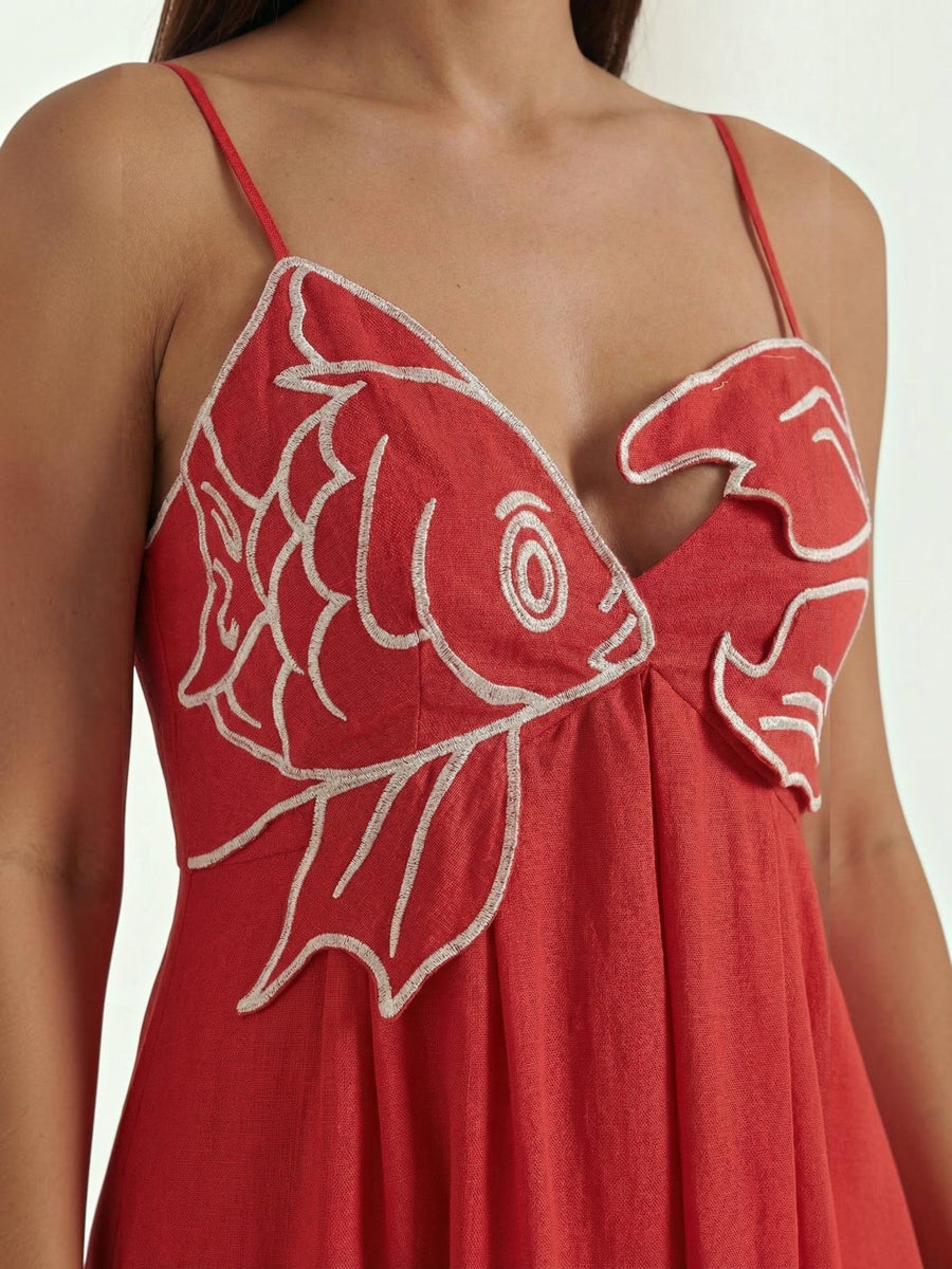 Deborah Embroidered Fish Print Maxi Sundress