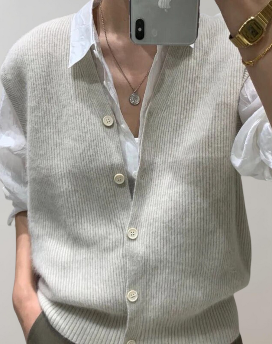 Solveig Ribbed V Neck Button Sweater Vest