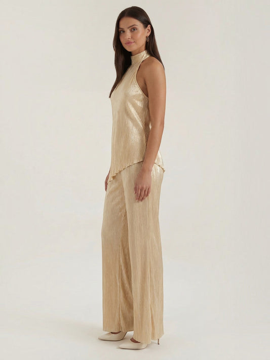 Gina Metallic Pleated Halter Top and Pants Set