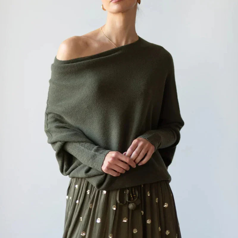 Mabyn Asymmetric Draped Off Shoulder Sweater