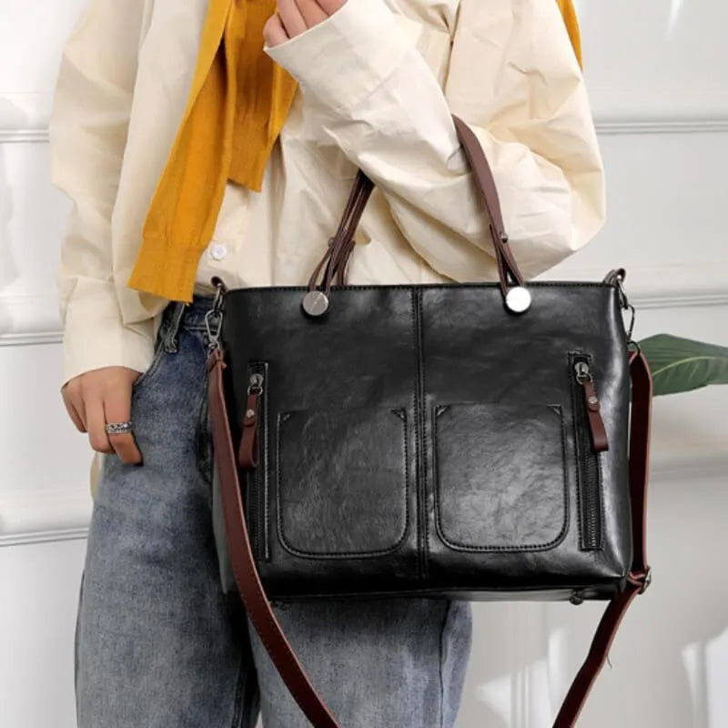 Thilde Leather Satchel with Front Zip Pockets