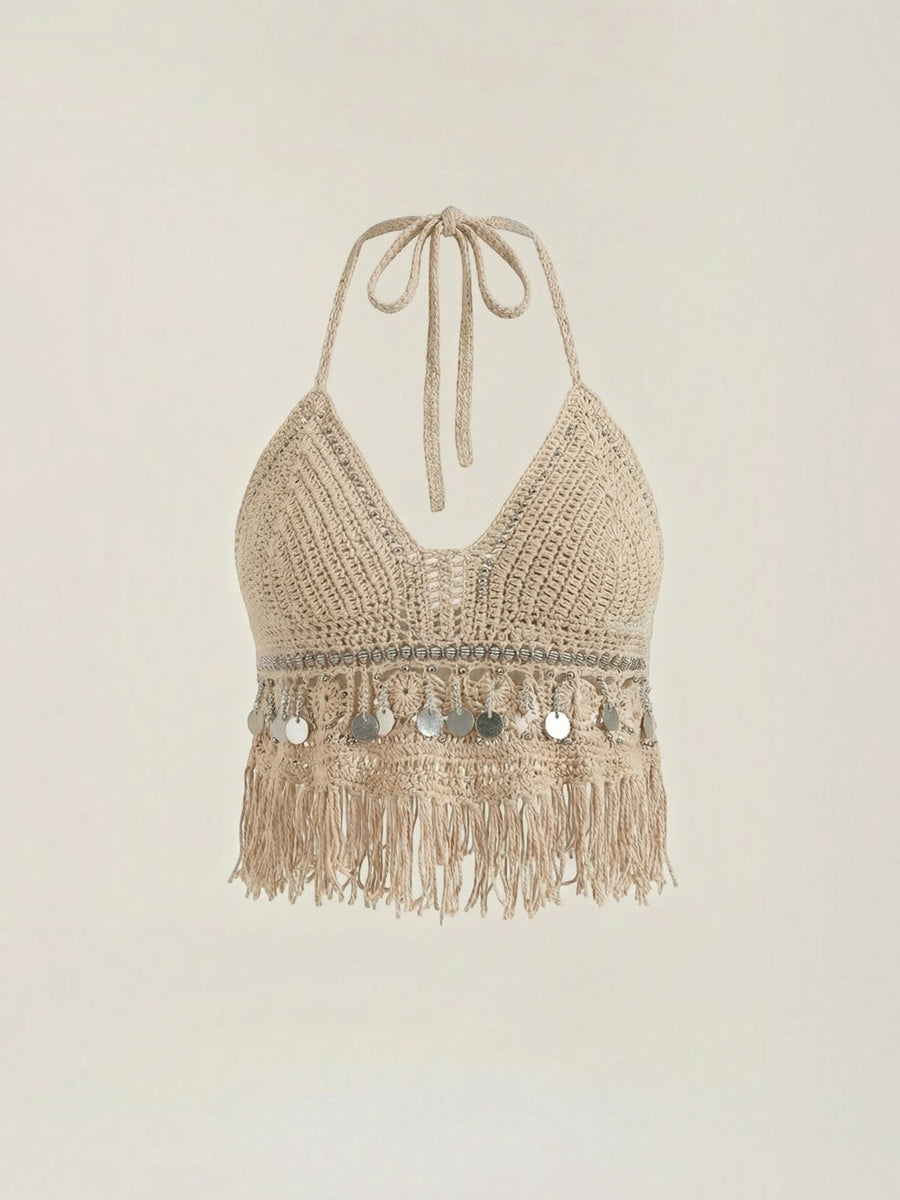 Brandy Crochet Fringe V Neck Halter Top