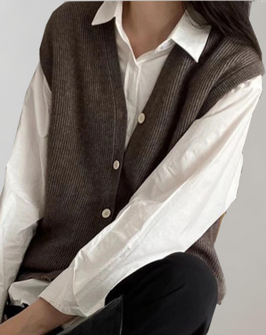 Solveig Ribbed V Neck Button Sweater Vest