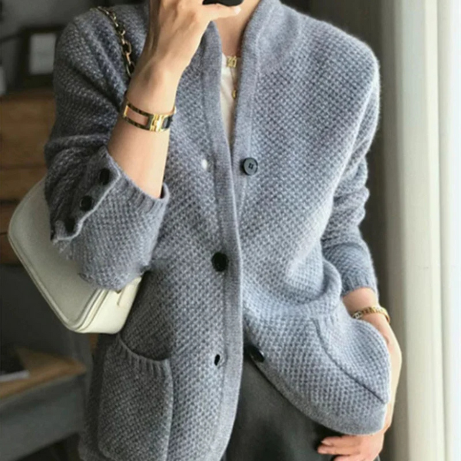 Leana Waffle Knit Stand Collar Cardigan