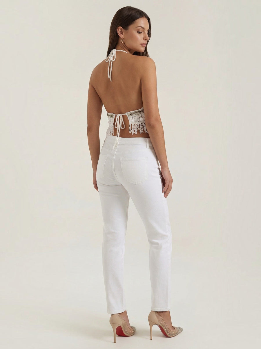 Brandy Crochet Fringe V Neck Halter Top