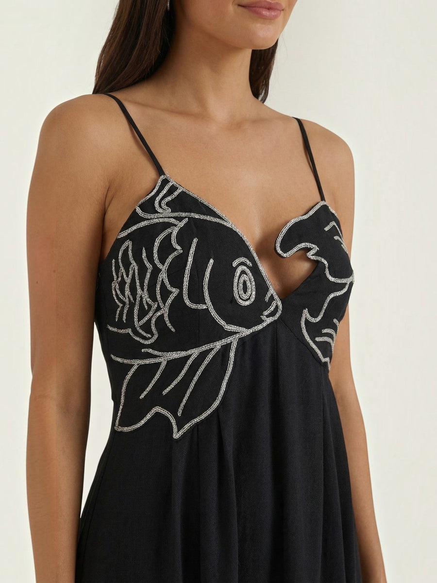 Deborah Embroidered Fish Print Maxi Sundress