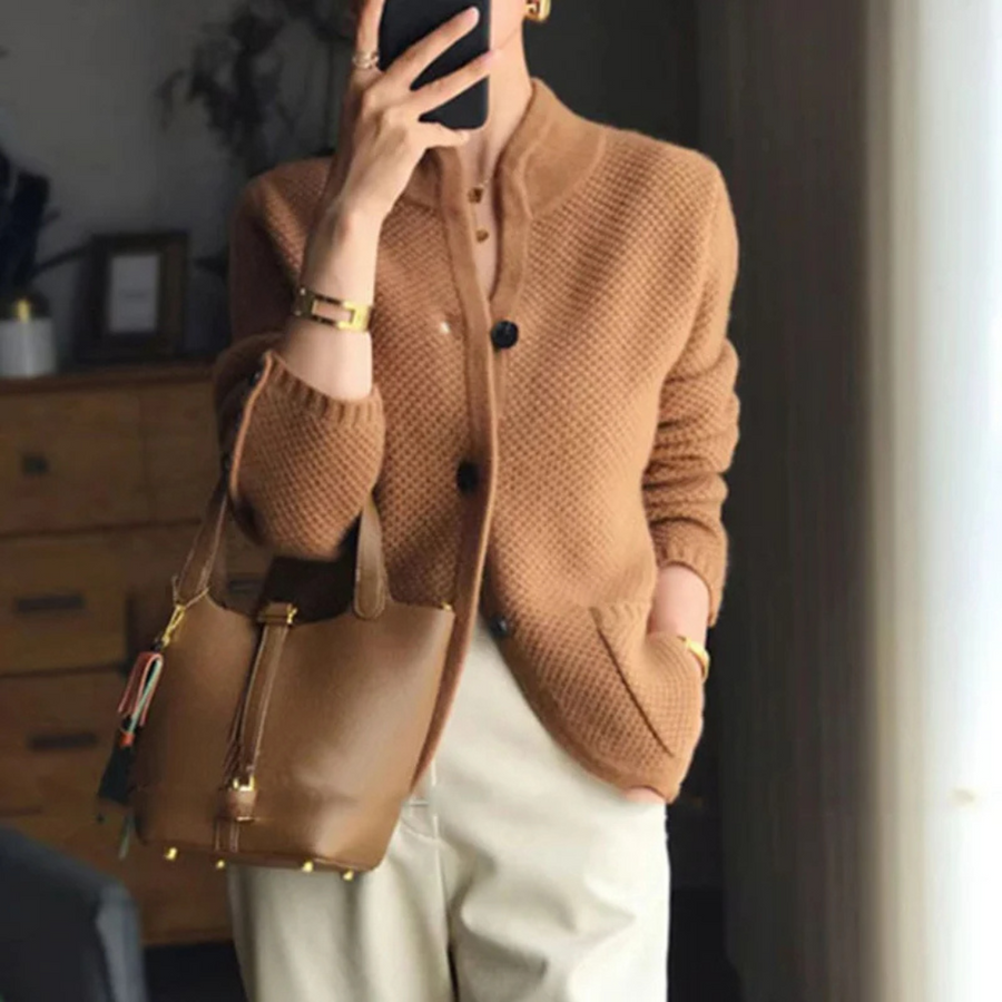 Leana Waffle Knit Stand Collar Cardigan
